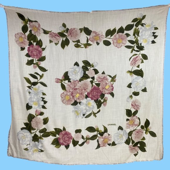 Vintage Chanel Cashmere Silk Camellia Raw Edge Shawl - Picture 2 of 10